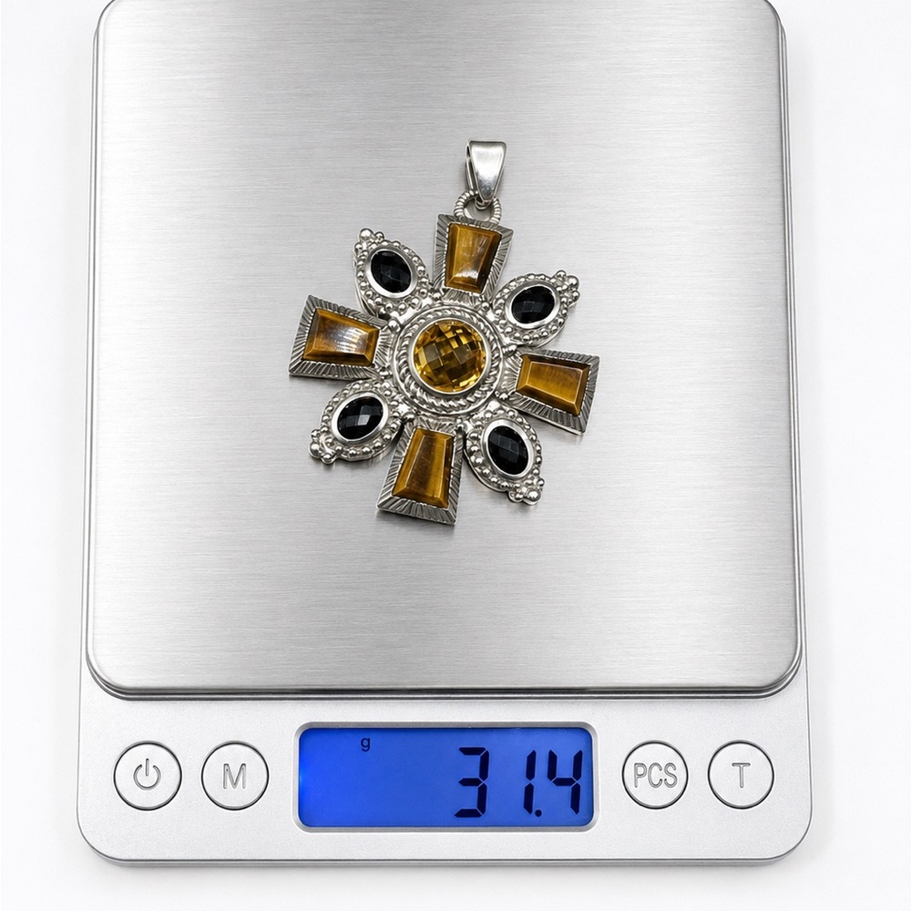 JUDITH RIPKA 925 Sterling Silver Citrine Tiger’s Eye Onyx Maltese Pendant - Picture 12 of 14